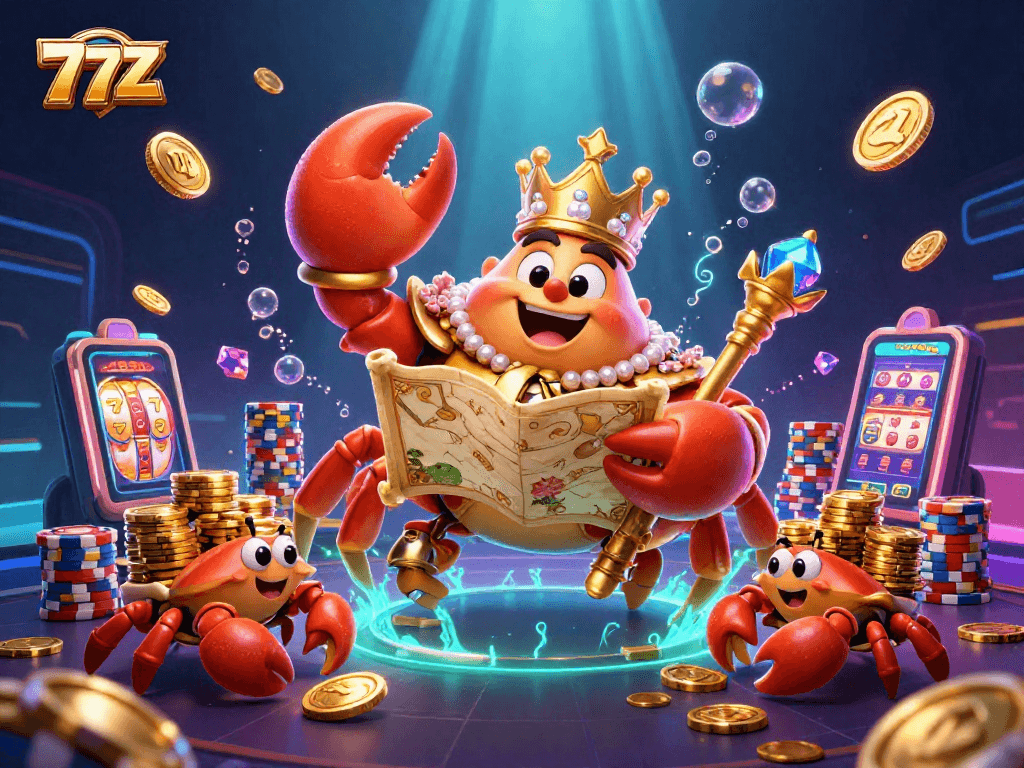 Uma ilustração 3D do imperador caranguejo dourado eleito 77Z, cercado por elementos de jogos de cassino.