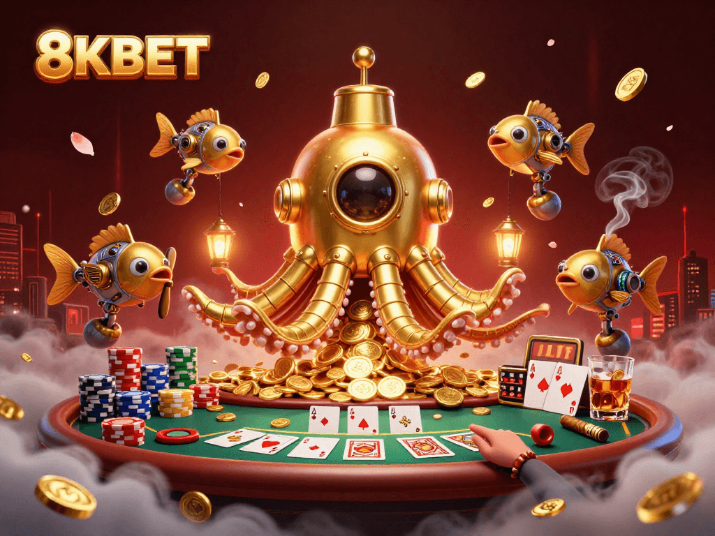 Players enjoy thrilling poker games at 8KBET, featuring a colorful casino atmosphere with golden coins.