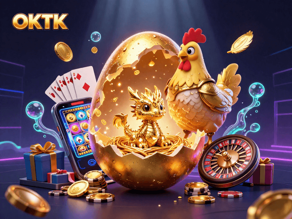 Engage with OKTK's vivacious scene showcasing a golden dragon amidst casino elements.