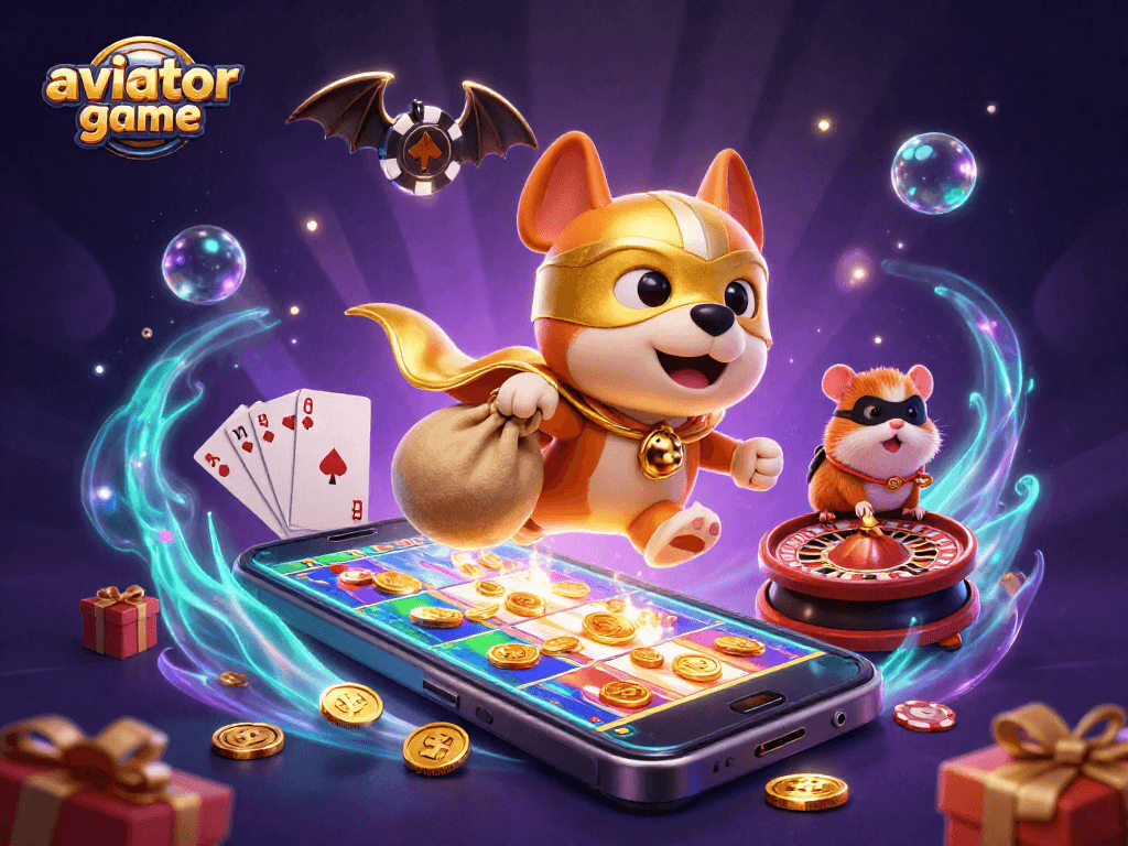 Experience the excitement of the aviator game with our dynamic 3D illustration of a superhero dog and hamster amidst vibrant casino elements.