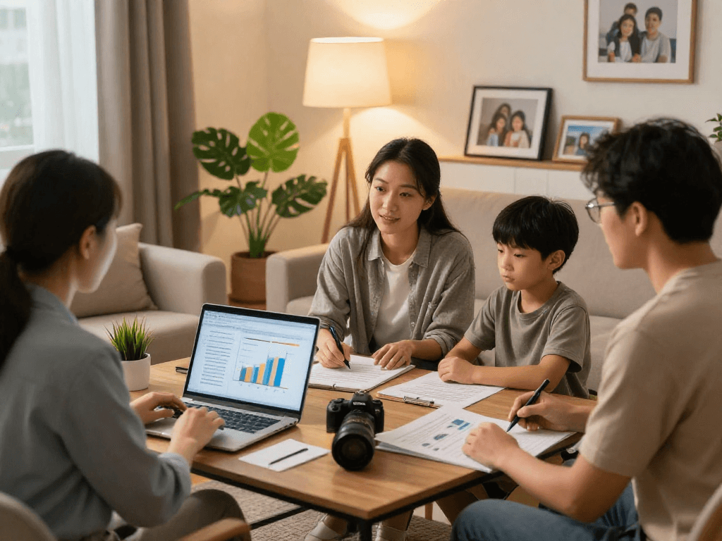 Family discussing credit consolidation options in a warm living room