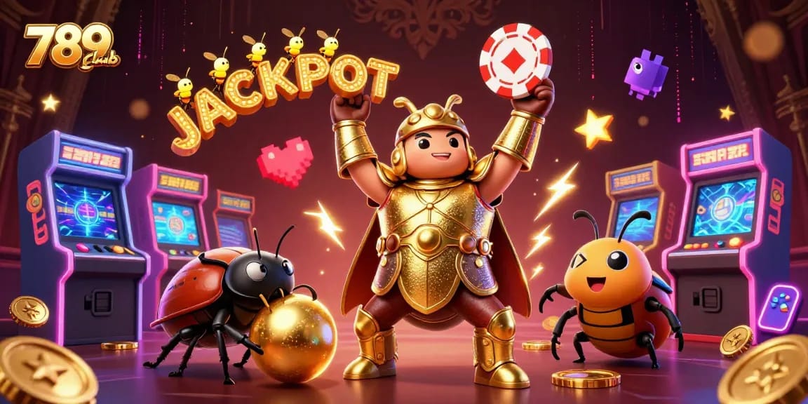 Join the excitement at 789club with a victorious beetle lifting a poker chip amidst vibrant casino elements.