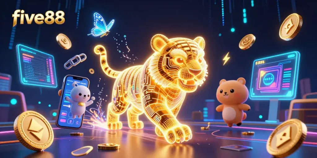 Experience online gaming excitement at five88 with a glowing neon tiger in a vibrant casino scene