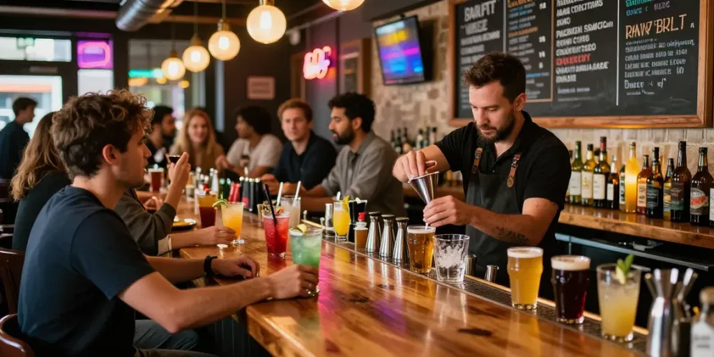 Pengunjung menikmati minuman di bar The Keg Room NYC dengan suasana meriah.
