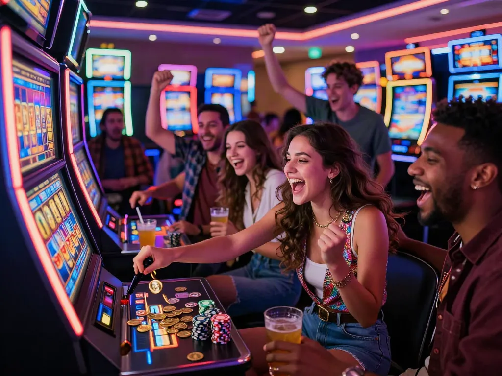 Excited group of players enjoying a vibrant slot machine experience, capturing the thrill of สล็อต in a lively casino atmosphere.