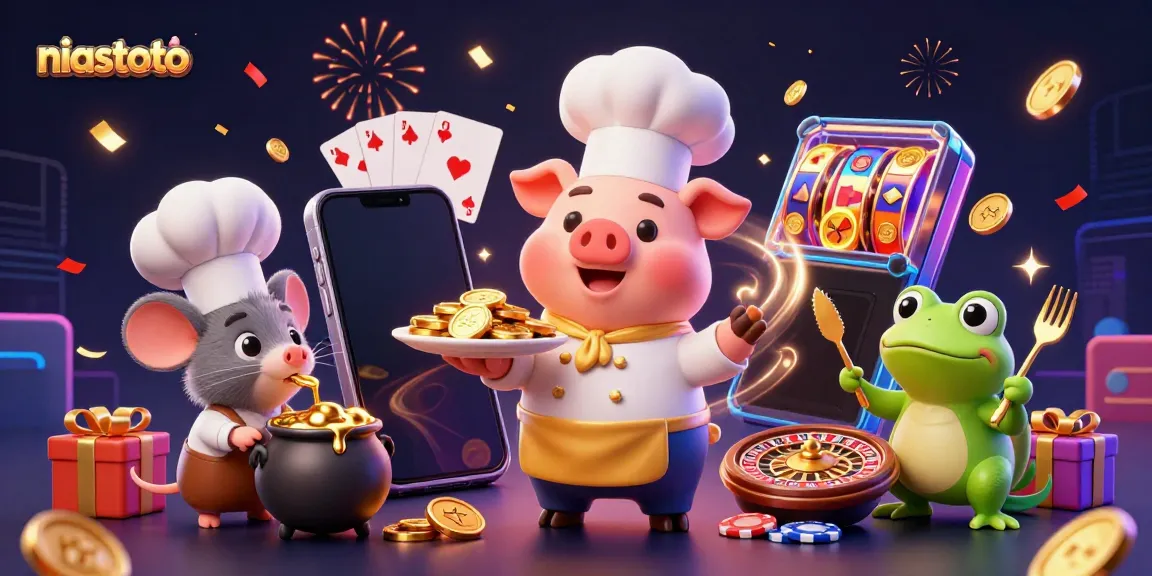 Experience fun with niastoto as a chef pig serves golden coins in a vibrant casino scene.