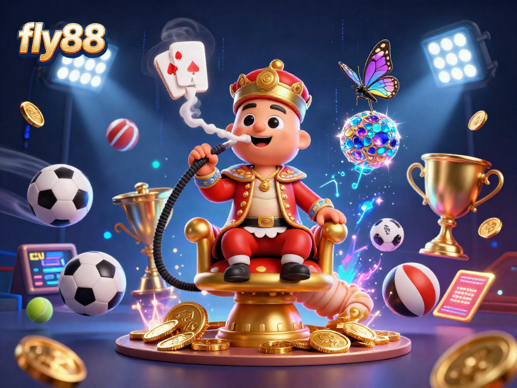 Experience fly88 excitement with a vibrant 3D casino scene featuring a regal caterpillar and dynamic gaming elements.