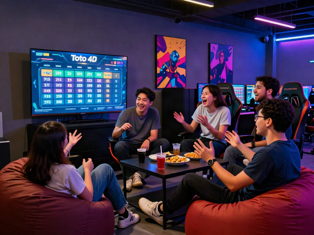 Friends celebrating after checking their Toto 4D lottery results in a vibrant gaming lounge.