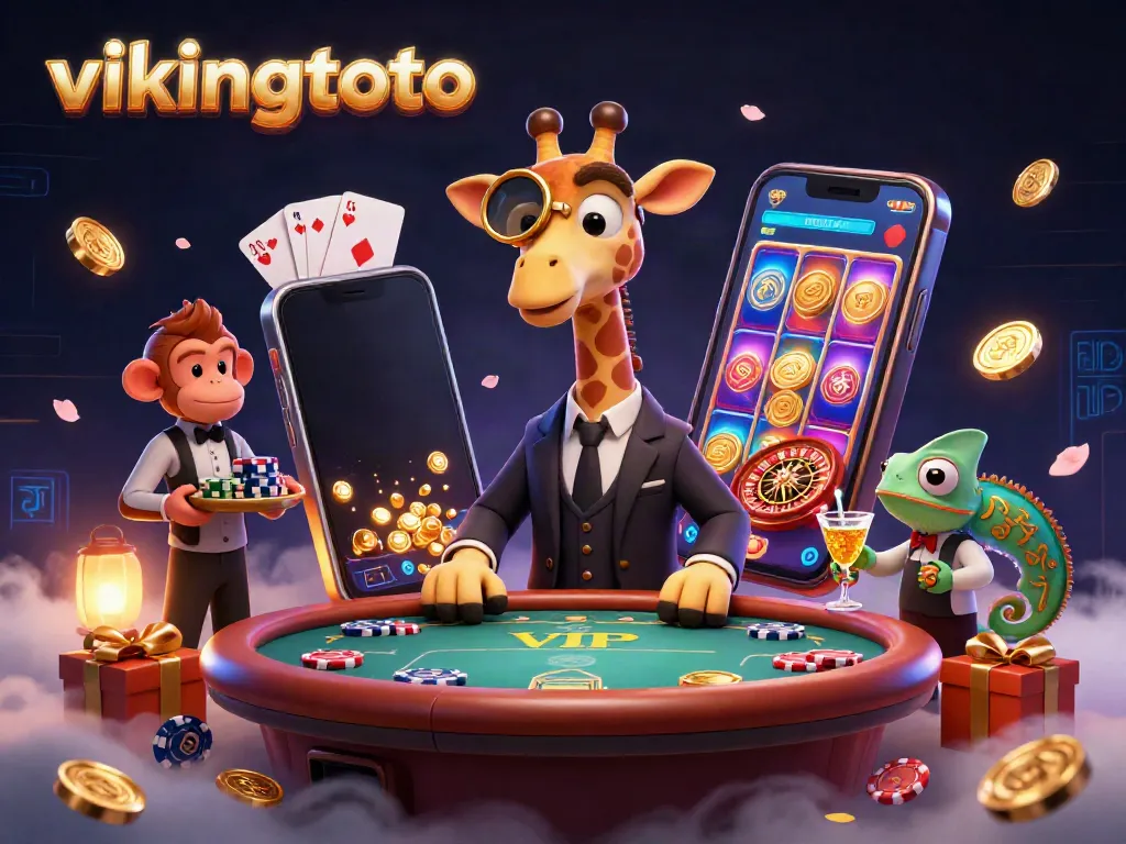 Experience the excitement of vikingtoto with a vibrant casino scene featuring a high-roller giraffe and a chameleon bartender.