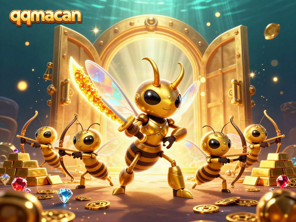 Join in the thrill of gaming with qqmacan, featuring dynamic characters and treasure in a rich casino scene.