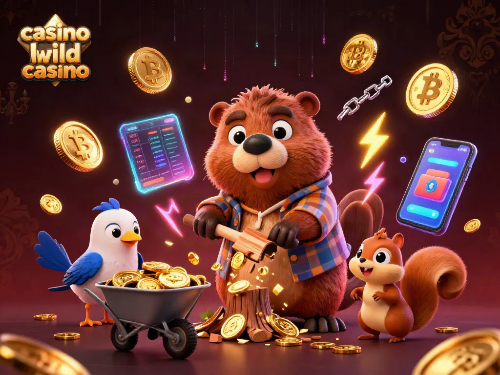Chop down trees for treasures in a casino like wild casino animation with fun cartoon characters.
