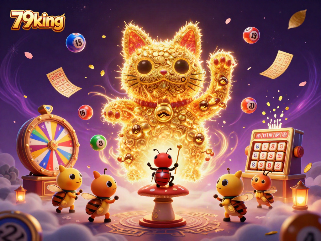 Experience the excitement of 79king with vibrant lottery balls and a lucky cat in this animated casino scene.