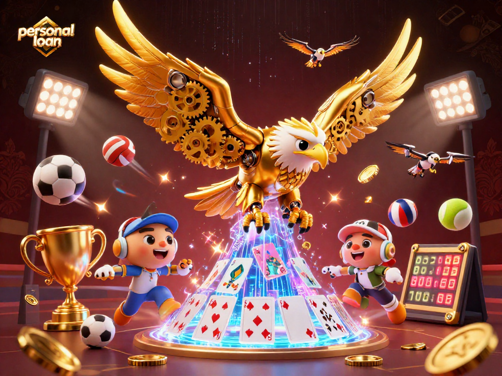Experience fast cash solutions with personal loans, illustrated with dynamic sports elements and a golden eagle.