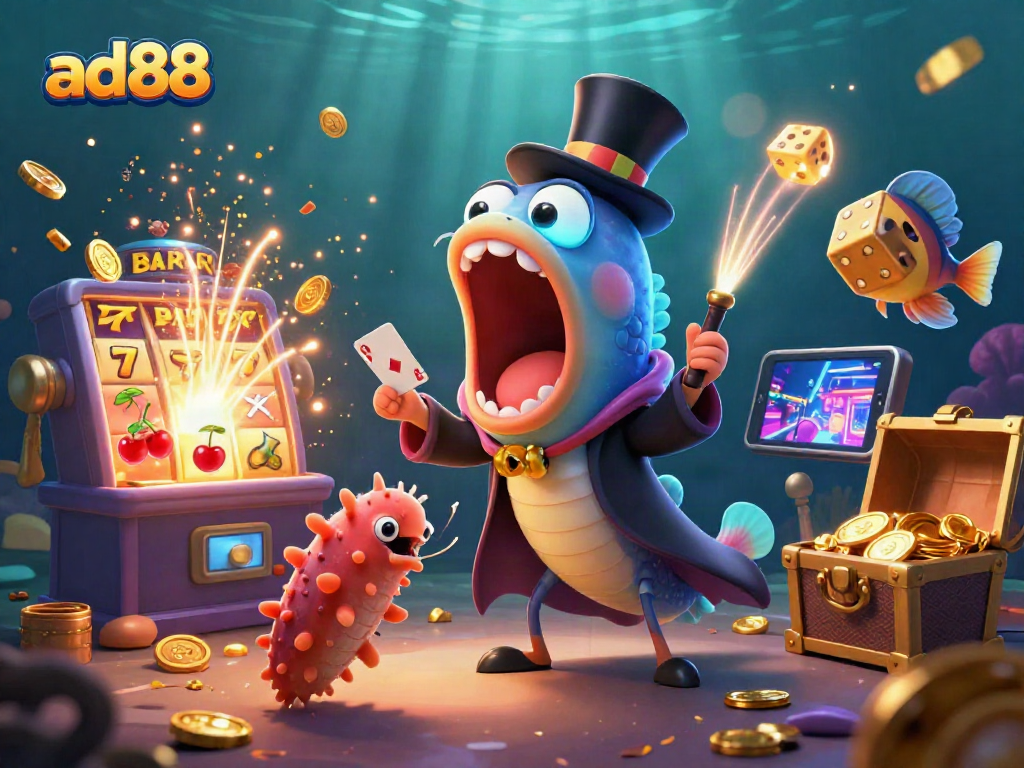 Feel the excitement at ad88 with a magical underwater casino scene featuring vibrant characters and jackpot action.