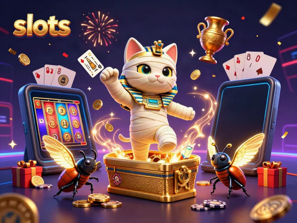 Experience thrilling slots action with a cartoon mummy cat and vibrant casino elements.