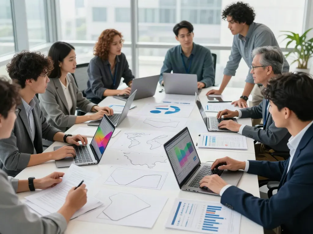 Financial analysts reviewing reports on the largest banks in the world by total assets in a modern office.