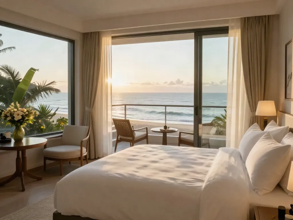 Hotel linen supplier highlights luxurious bedding in a stunning ocean-view room at sunrise.