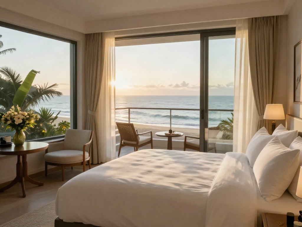 Hotel linen supplier highlights luxurious bedding in a stunning ocean-view room at sunrise.