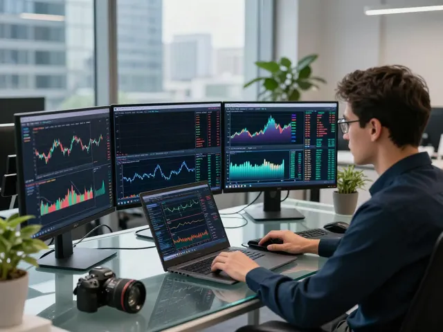 Trader analyzing market data on MetaTrader 5 in a modern office setting.