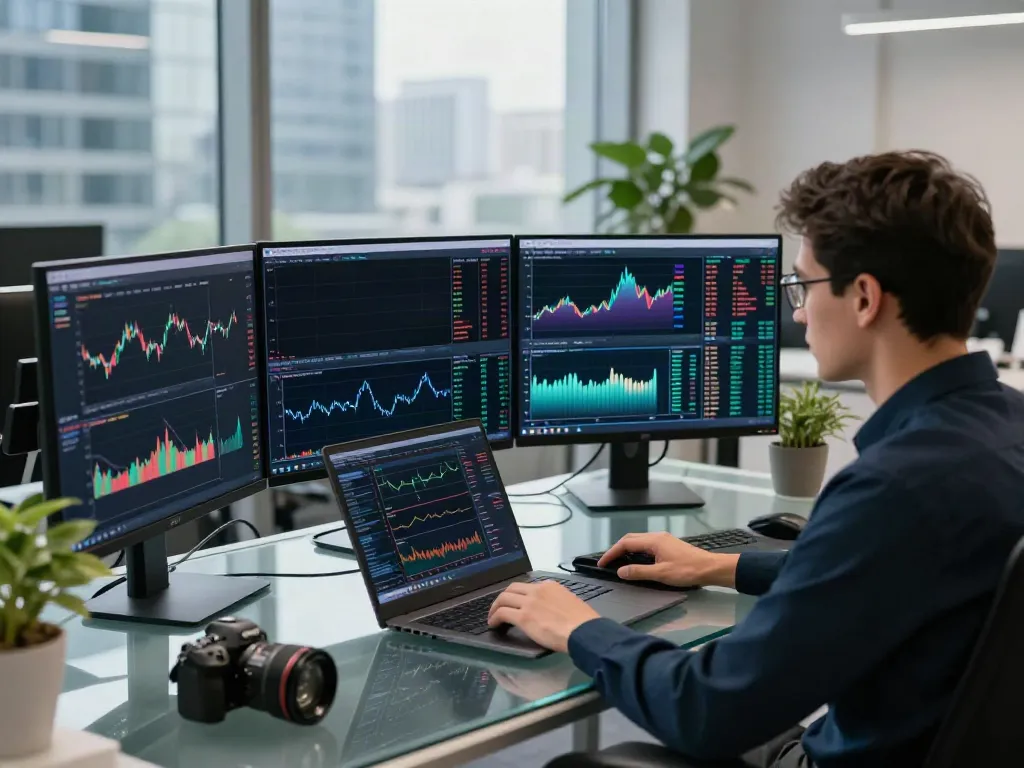 Trader analyzing market data on MetaTrader 5 in a modern office setting.