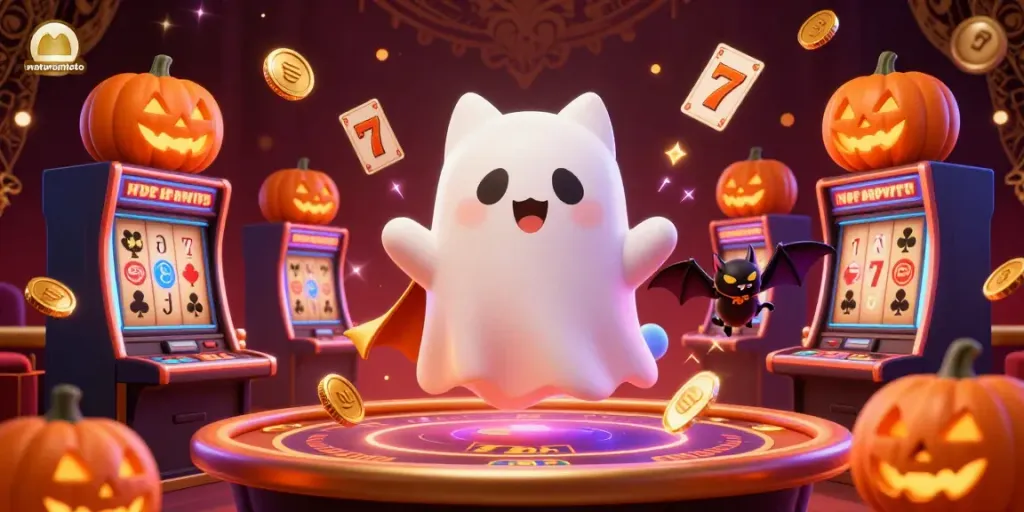 Experience exciting gameplay at mataramtoto with a ghost cat in a vibrant casino atmosphere.