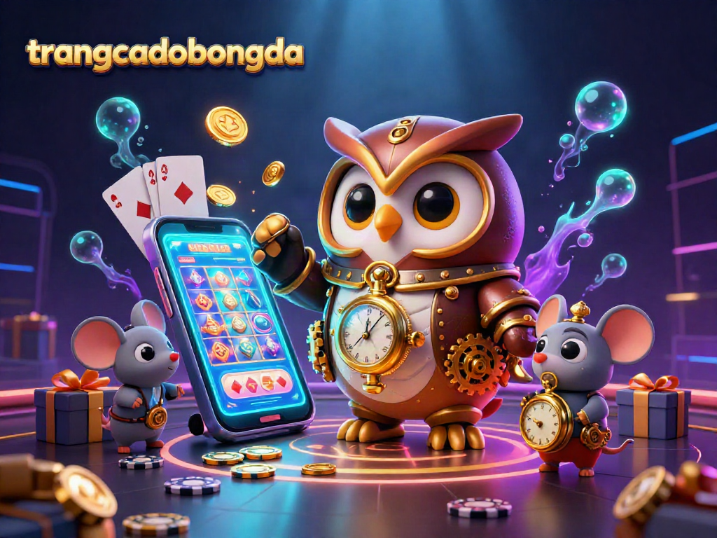 Engage with trangcadobongda through a vibrant 3D illustration showcasing a time-traveling owl and casino elements.