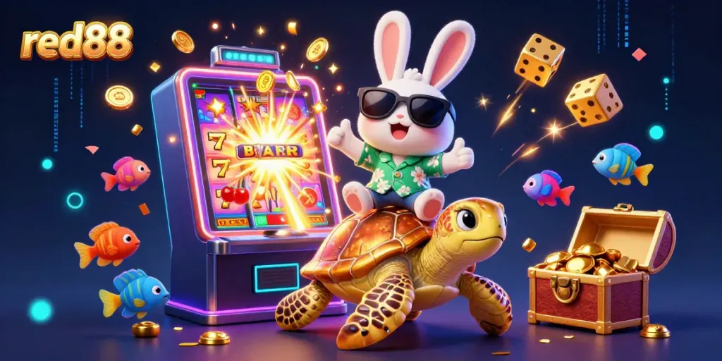 Experience excitement at red88 with a lucky rabbit and golden turtle in a lively casino scene.