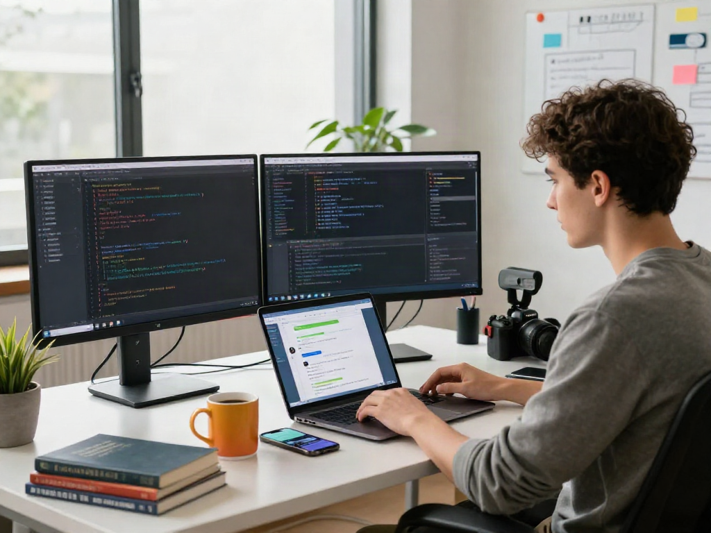 Developer coding gb whatsapp features in a modern workspace alive with tech elements.