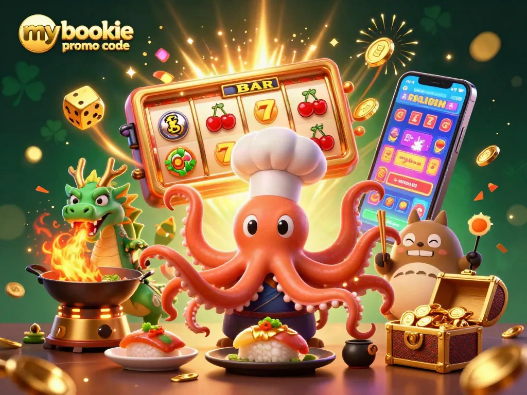 Spin big wins with mybookie promo code in this vibrant 3D casino scene featuring sushi chef, dragon, and tanuki.