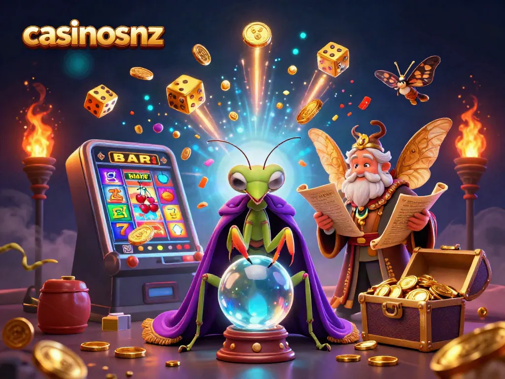 Play exciting casino games at casinosnz with a vibrant 3D scene of fortune tellers and jackpots.