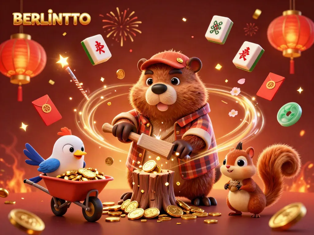 Experience the excitement of BERLINTOTO with a cartoon-style illustration of a lumberjack beaver and gold coins raining down.