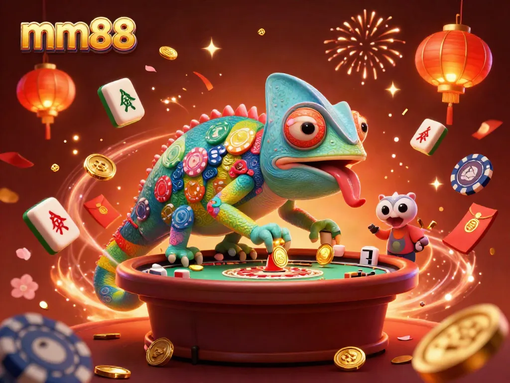 Experience mm88's vibrant casino world with a dynamic chameleon character collecting coins and games.