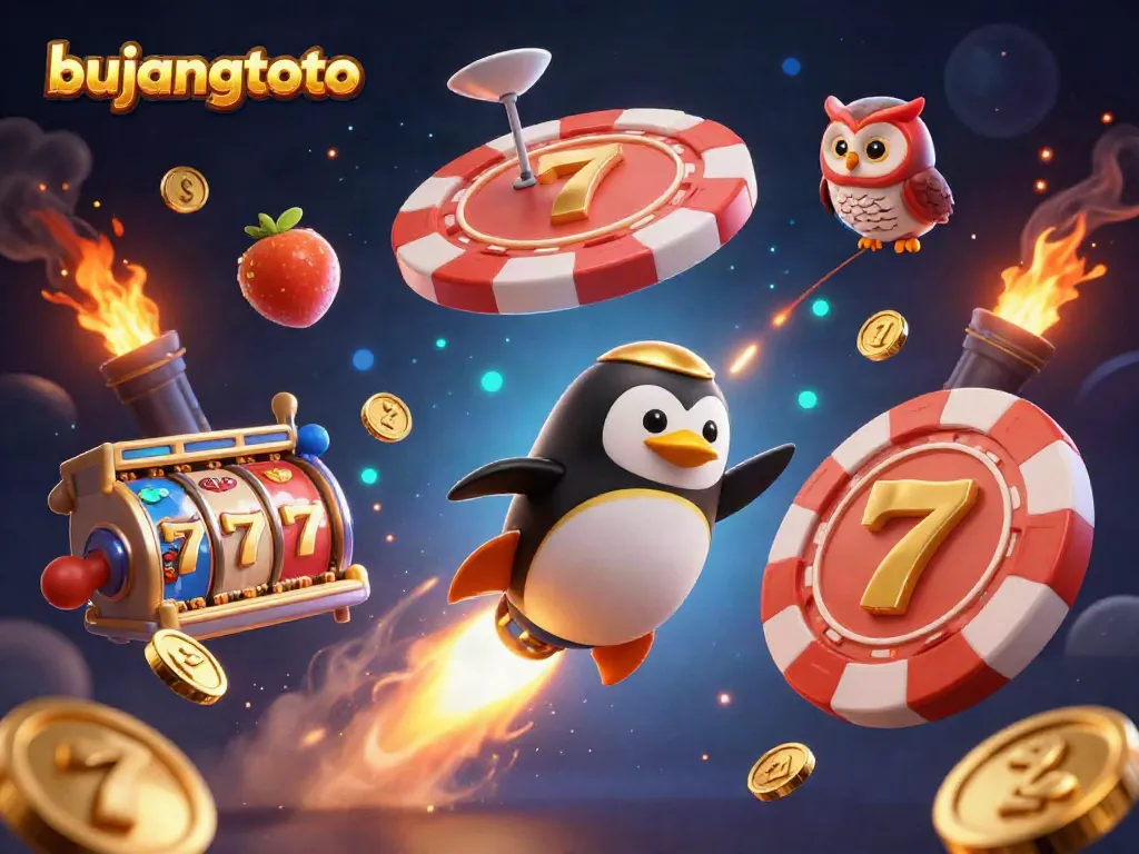 Bujangtoto's golden penguin soars to a casino space station amidst slot reels and golden coins, showcasing the thrill of gaming.