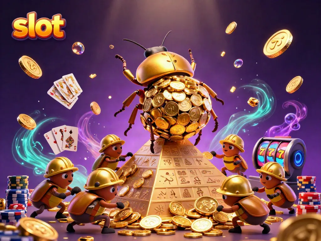 Experience the thrill of slot machines with a golden beetle scene full of coins, gems, and winning symbols.
