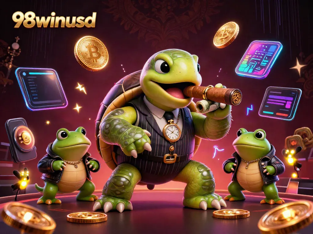 Engage with the vibrant 98winusd casino scene showcasing a turtle mobster with crypto coins and neon elements.