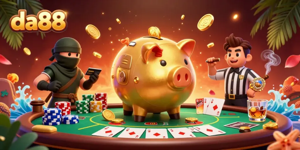 Exciting da88 gaming scene with a sumo piggy bank and colorful poker elements.