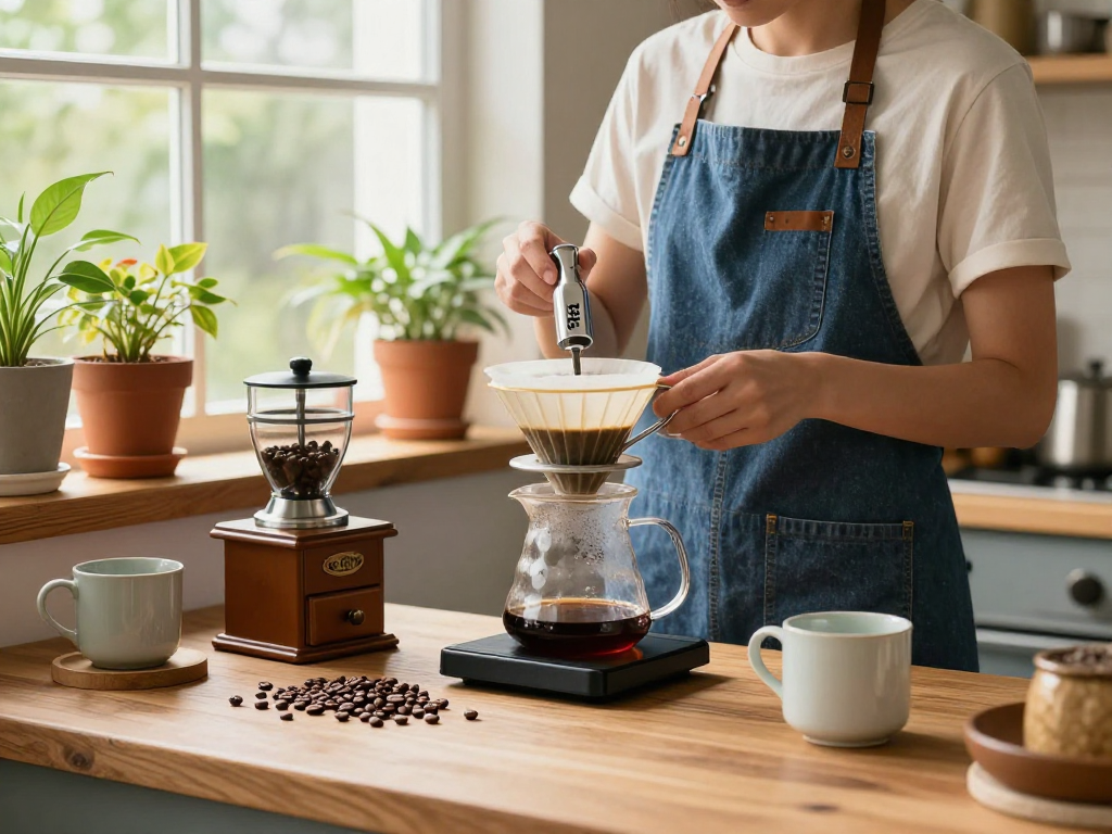 Person brewing coffee with Ebb reusable filters in a cozy kitchen, showcasing the eco-friendly aspects of www.ebbfilter.com.