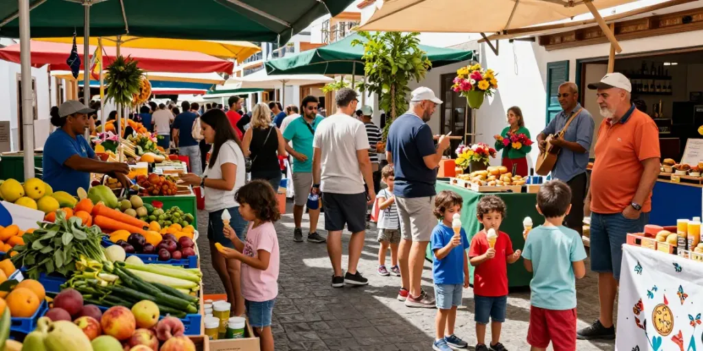 Canarian news highlights vibrant community market in Lanzarote with families enjoying local foods.