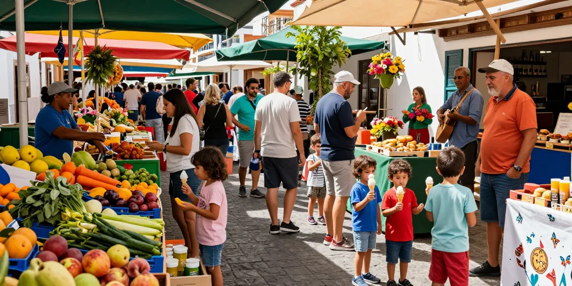 Canarian news highlights vibrant community market in Lanzarote with families enjoying local foods.