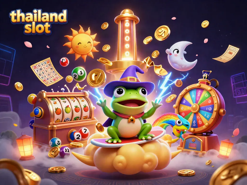 Spin winning thailand slot reels with a magical wizard frog and rainbow chameleon in a vibrant casino scene.
