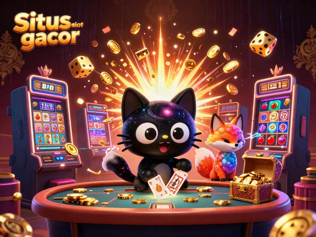 Experience the thrill of Situs slot gacor with a cosmic casino scene featuring a black hole cat and a colorful fox.