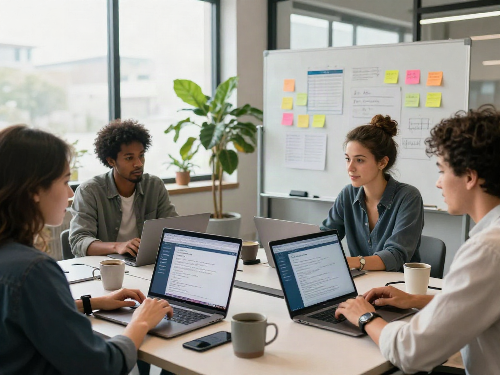 Collaborative scene of professionals searching for หางาน in a modern workspace.