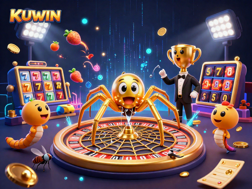 KUWIN draws in gamblers with vibrant, dynamic visuals of a spider themed roulette wheel in a captivating casino scene.