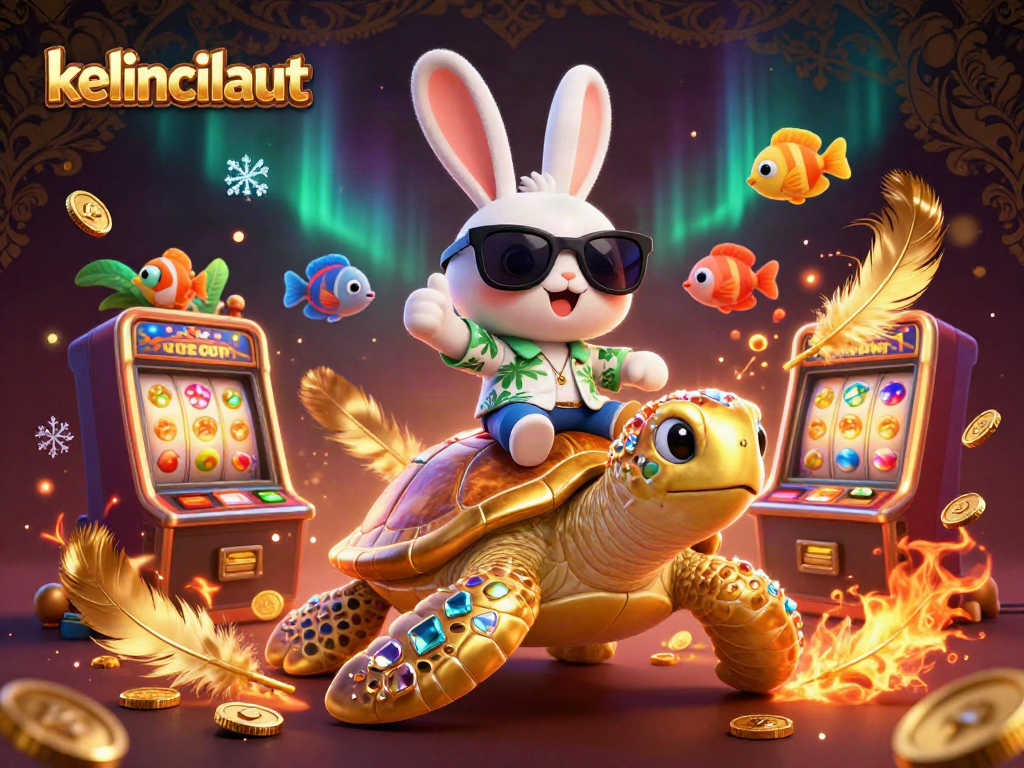 Engage with kelincilaut's vibrant casino scene featuring a lucky rabbit and turtle amidst slot game excitement.