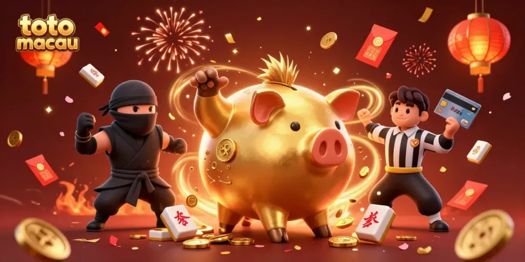 Engaging toto macau scene with a golden piggy bank sumo wrestler, celebrating with vibrant fireworks and confetti.
