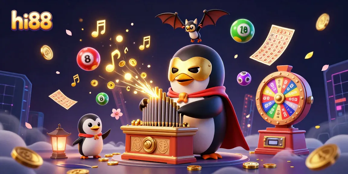 hi88 players enjoy a vibrant 3D casino scene filled with golden coins, lottery balls, and gaming excitement.