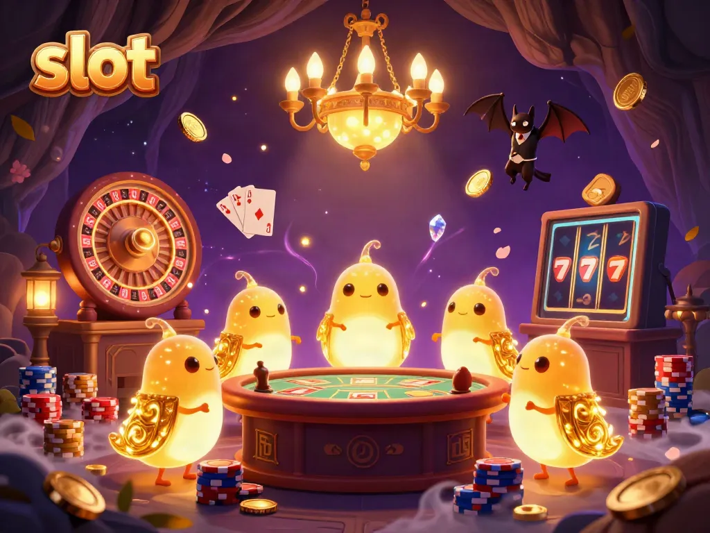 Experience the thrill of slots in a vibrant casino scene featuring lively glowworms and a bat dealer.
