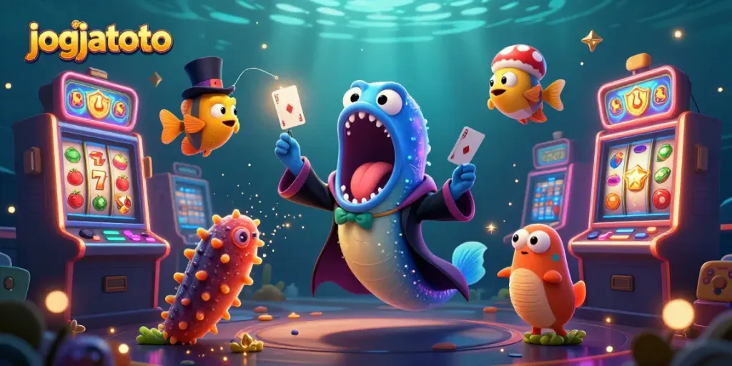 Experience thrilling slots excitement with jogjatoto as a 3D cartoon illustration captures the magic of online gaming.
