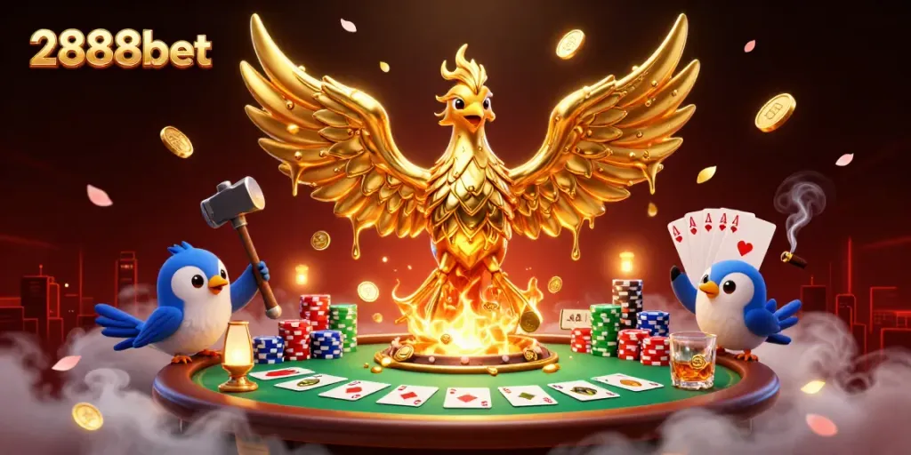 Experience winning with 2888bet as molten gold coins rain from a golden phoenix in a vibrant casino scene.