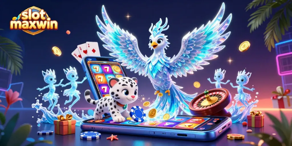 Spin the slot maxwin reels with the captivating ice phoenix and snow leopard in a dynamic casino scene.